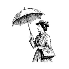 Wall Mural - women wear hat holding umbrella sketch engraving black and white outline. Scratch board imitation.
