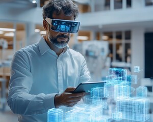Poster - Businessman in modern hightech office using digital tablet to visualize project, advanced augmented reality interface, futuristic design, holographic project planning tools