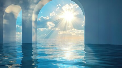 Wall Mural - sunlight streaming through architectural arches over tranquil ocean waters with a serene sky and gen