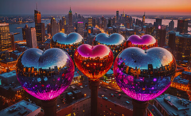 Poster - City with a large heart on top of a building. There are five hearts in total. The heart on the left is purple, the one in the middle is blue, and the two on the right are red
