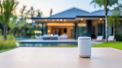 Wall Mural - Modern Smart Speaker on a Table Overlooking a Luxury Home and Pool in a Serene Outdoor Setting