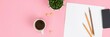 © Somnuek - Modern board with text 'remember why you started' surrounded by plant, phone, coffee, sheet, pencils, and candy on a pink background top view flat lay, pink background, coffee, candy