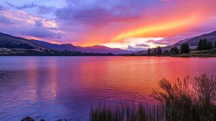Wall Mural - stunning sunset illuminates the lake with vibrant colors and a reflective surface creating a serene 