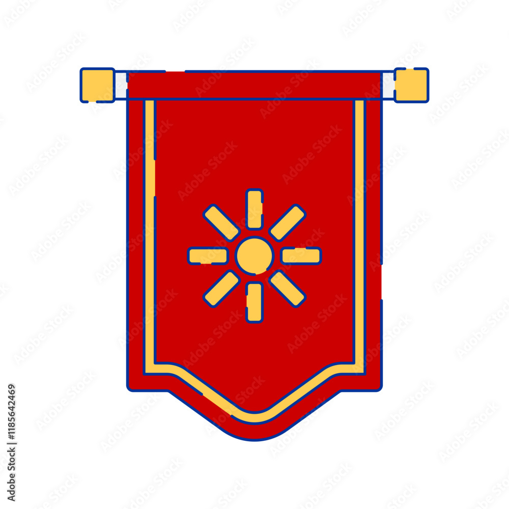 A vector illustration of a red banner with a yellow border and a sun ...