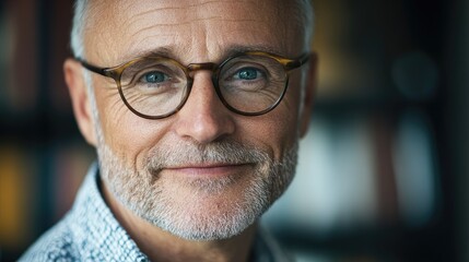 Mature man with glasses smiling in a close-up portrait showcasing wisdom and confidence against a blurred background in a cozy setting.