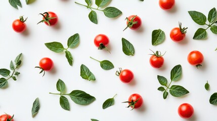 Canvas Print - Ripe red cherry tomatoes with green leaves scattered on a white background showcasing fresh organic vegetables and healthy eating concept