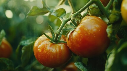 Canvas Print - Ripe organic tomatoes on vine with dew droplets showcasing healthy fresh produce in a vibrant garden setting