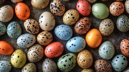 Wall Mural - Vibrant Quail Eggs on Rustic Background Celebrating Easter Festivities and Seasonal Joy