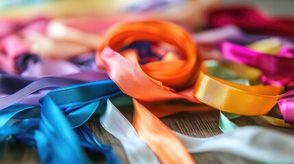 Wall Mural - Colorful Satin Ribbons Spread on a Wooden Table for Festive Celebration and Decoration Ideas