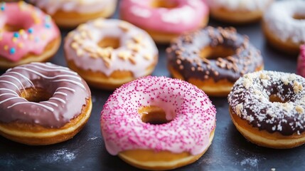 Canvas Print - Assorted colorful donuts with various toppings displayed on a dark surface creating an inviting and delicious dessert ambiance.