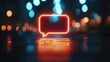 © The 2R Artificiality - Neon Speech Bubble Light Icon with Blurred Urban Bokeh Background in Blue and Orange Tones and Large Empty Copy Space for Text