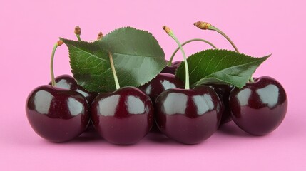 Canvas Print - Fresh ripe burgundy cherries with green leaves arranged on a vibrant pink background perfect for food photography and seasonal promotions