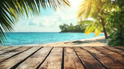 Wall Mural - Wooden table with tropical beach backdrop perfect for summer product display high quality natural light serene vacation setting