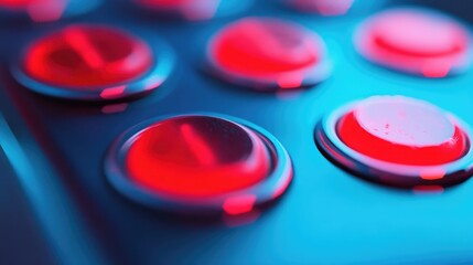 Close-up of electronic device buttons illuminated in red and blue showcasing modern technology and vibrant colors.