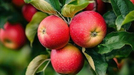 Canvas Print - Close up of ripe red apples on a green tree with lush foliage showcasing vibrant colors and natural freshness in an orchard setting