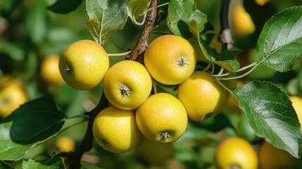 Canvas Print - Golden yellow apples hanging on lush branches in sunlight creating a vibrant and fresh garden atmosphere