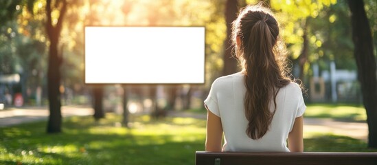 Wall Mural - Brunette girl seated on a park bench under sunlight with lush green trees, expansive empty copyspace for text in the background, soft focus.