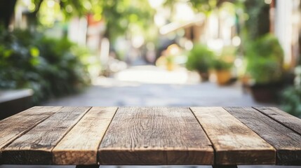 Sticker - Rustic Wooden Tabletop with Blurred Exterior Coffee Shop Scene and Greenery in Background for Cozy Ambiance and Relaxation Concepts