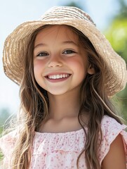 Wall Mural - Portrait of cheerful girl wearing sun hat outdoors during summer day with soft sunlight natural background and ample copyspace for text