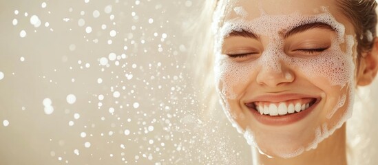 Sticker - Happy young woman with clean skin smiling while applying cleanser on her face, bright light background with soft water droplets, beauty and skincare concept