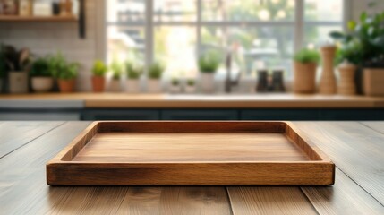 Canvas Print - Empty Wooden Serving Tray on a Table with Blurred Kitchen Background and Green Plants and Natural Light