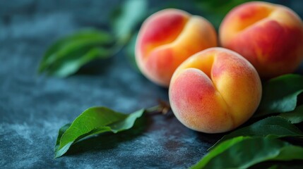 Canvas Print - Fresh ripe peaches nestled among vibrant green leaves on a soft neutral backdrop showcasing natural textures and colors.