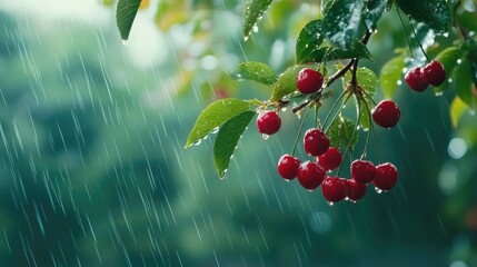 Canvas Print - Fresh ripe cherries glistening in the rain on a vibrant green branch creating a serene natural atmosphere