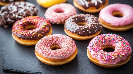 Canvas Print - Assorted colorful donuts on a black slate surface showcasing various toppings and flavors for dessert or bakery themed designs