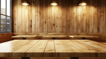 Canvas Print - Cozy fast food restaurant interior with wooden tables and empty space for text against a warm wooden wall backdrop.