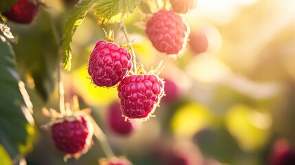 Canvas Print - Ripe Juicy Raspberries Glowing in Warm Autumn Sunshine on Green Leaves