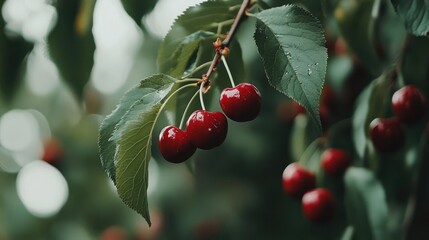 Canvas Print - Ripe cherries hanging on lush green cherry tree branches in a beautiful orchard setting