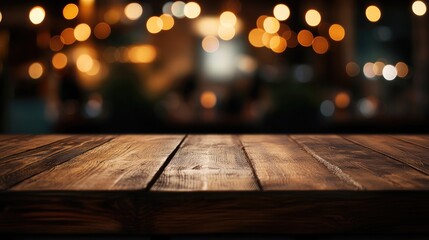 Canvas Print - Wooden Table Surface with Warm Blurred Christmas Lights Bokeh Creating a Cozy Festive Atmosphere for Seasonal Decorations