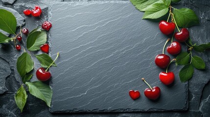 Canvas Print - Ripe Fresh Cherries with Green Leaves on Slate Stone Board Ideal for Culinary Text or Food Arrangement Background