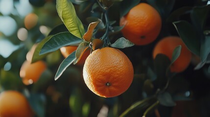 Canvas Print - Vibrant ripe oranges hanging on a lush orange tree with green leaves in a sunlit orchard.