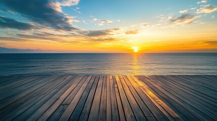 Sticker - Serene Wooden Terrace Overlooking Calm Ocean at Sunset with Vibrant Sky and Reflective Water