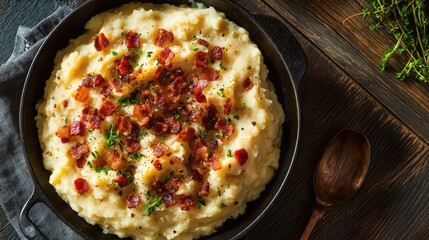 Wall Mural - Alpine Style Mashed Potatoes Topped with Crispy Bacon Bits in Rustic Serving Dish