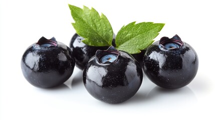 Canvas Print - Fresh Organic Blueberries with Green Leaves on White Background