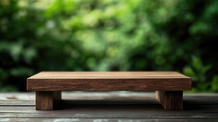 Sticker - Wooden Display Table in Nature with Blurred Green Background Ideal for Product Photography and Marketing High Quality Image