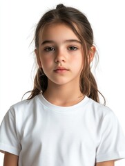 Wall Mural - Sad expression of a young Caucasian girl with long hair in a plain white t-shirt against a bright white background, emotional portrait showcasing her vulnerability.