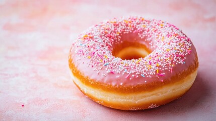 Canvas Print - Colorful frosted donut with sprinkles on a soft pink background highlighting a delicious dessert option for cafes and bakeries.