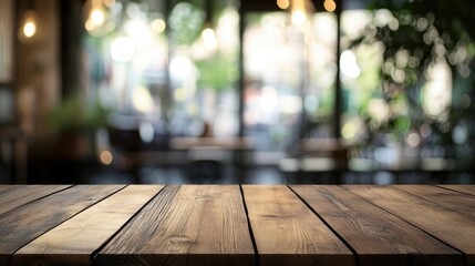 Canvas Print - Wooden Tabletop with Blurred Cafe Atmosphere and Soft Bokeh Lights in Background for Inviting Coffee Shop Decor