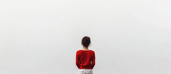 Wall Mural - Portrait of woman in red sweater facing a grey background with ample negative space for text and creative design, atmospheric and minimalist setting