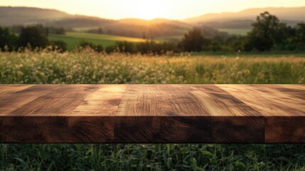 Canvas Print - Rustic Wooden Table with Soft Focus Sunset Landscape Ideal for Product Showcasing and Advertising