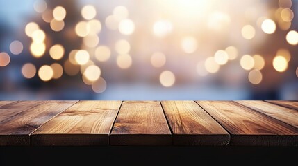 Canvas Print - Wooden Table Against Blurred Twinkling Christmas Tree Lights for Festive Holiday Background