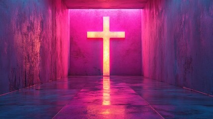 Illuminated wall cross in vibrant hues of pink and blue creating an artistic religious atmosphere in a modern indoor space