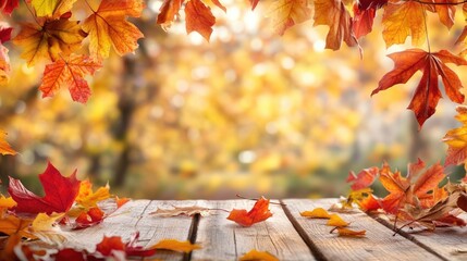 Wall Mural - Autumn Scene with Empty Wooden Table Surrounded by Colorful Leaves Ideal for Product Placement and Seasonal Promotions