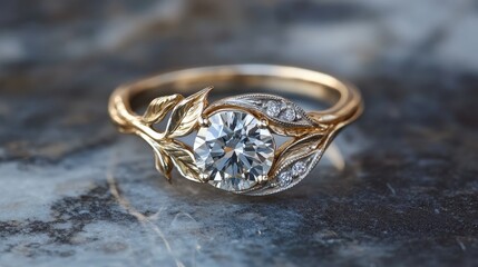 Vintage gold diamond ring with intricate leaf design showcasing a brilliant gemstone and subtle diamonds on a marble background.