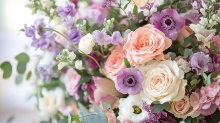 Canvas Print - Elegant floral arrangement with pink, purple, and white flowers showcasing roses, anemones, and seasonal blooms in soft natural light.