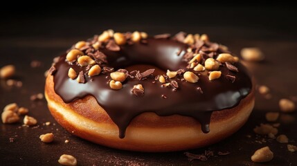 Canvas Print - Chocolate frosted donut topped with crushed peanuts on a dark wooden background