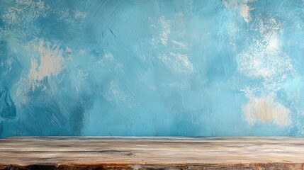 Canvas Print - Wooden Tabletop with Blue Wall Background Ideal for Displaying Products or Creative Projects